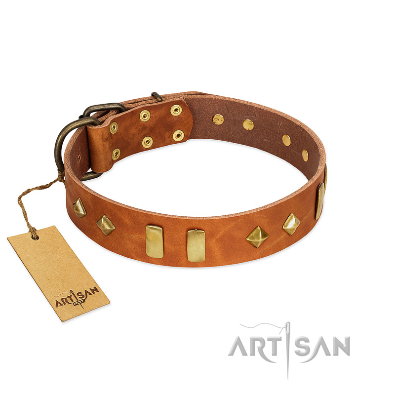 "Woofy Dawn" FDT Artisan Tan Leather Bulldog Collar with Plates and Rhombs