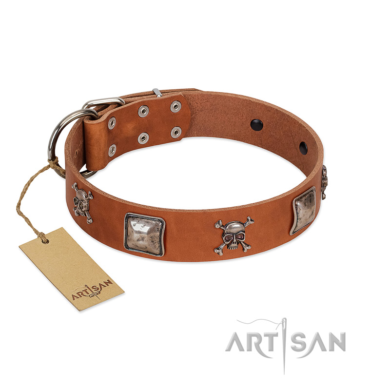"Amorous Escapade" Embellished FDT Artisan Tan Leather Bulldog Collar with Chrome Plated Crossbones and Plates