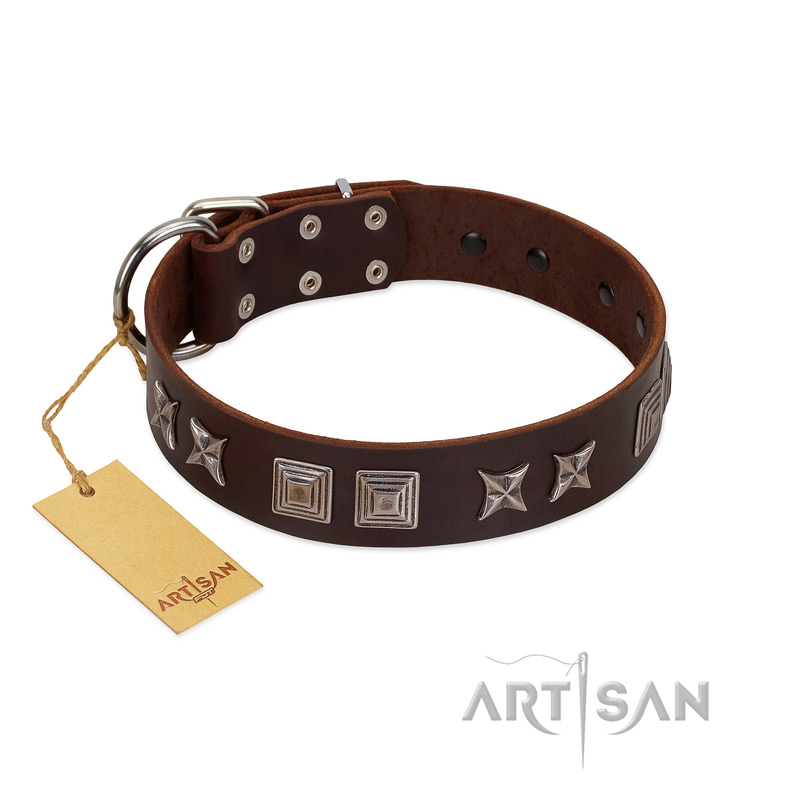 "Needle Stories" Modern FDT Artisan Brown Leather Bulldog Collar with Square Engraved Plates and Four-Point Stars