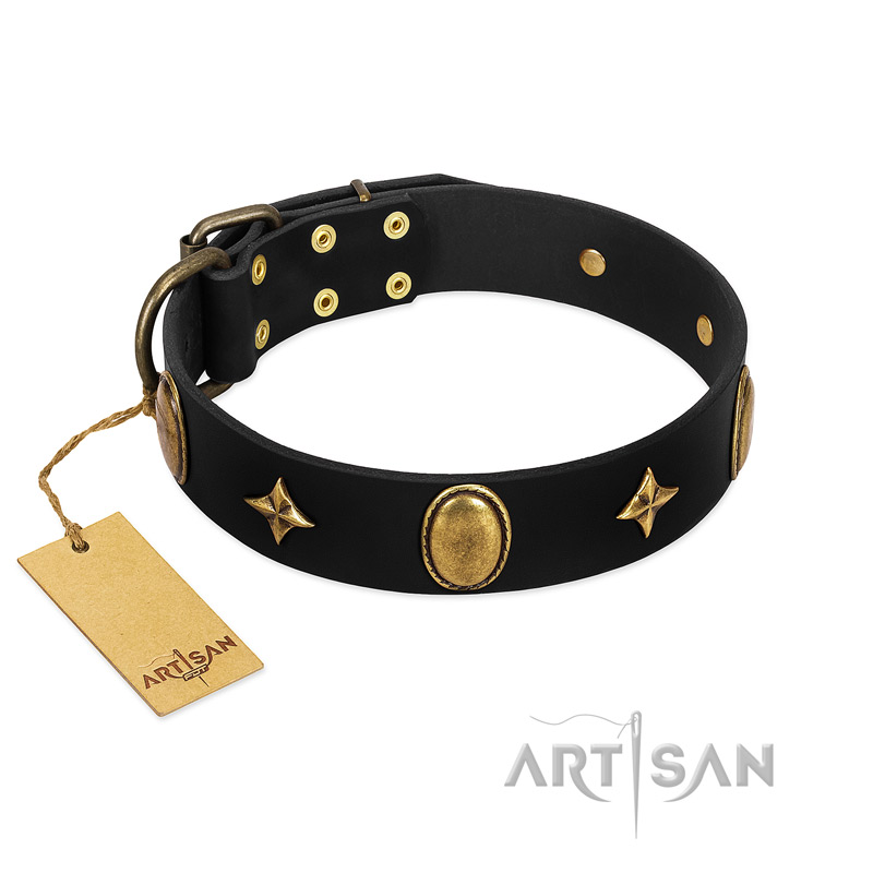 "Star Powder" FDT Artisan Black Leather Bulldog Collar with Ovals and Stars - 1 1/2 inch Wide