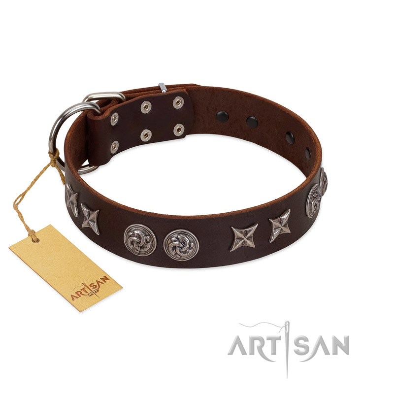 "Silver Sunset" Designer Handmade FDT Artisan Brown Leather Bulldog Collar