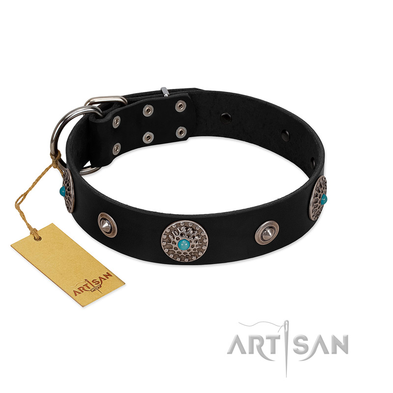 "Blue Gems" FDT Artisan Black Leather Bulldog Collar with Chrome Plated Studs and Conchos