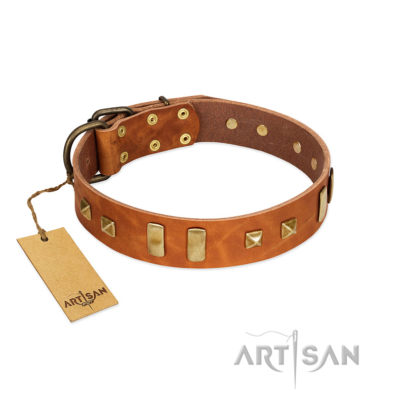 "Sand of Time" FDT Artisan Tan Leather Bulldog Collar with Old Bronze-like Studs and Plates