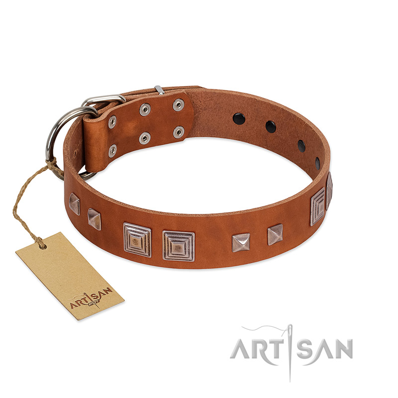 "Egyptian Gifts" Handmade FDT Artisan Tan Leather Bulldog Collar with Chrome-plated Pyramids