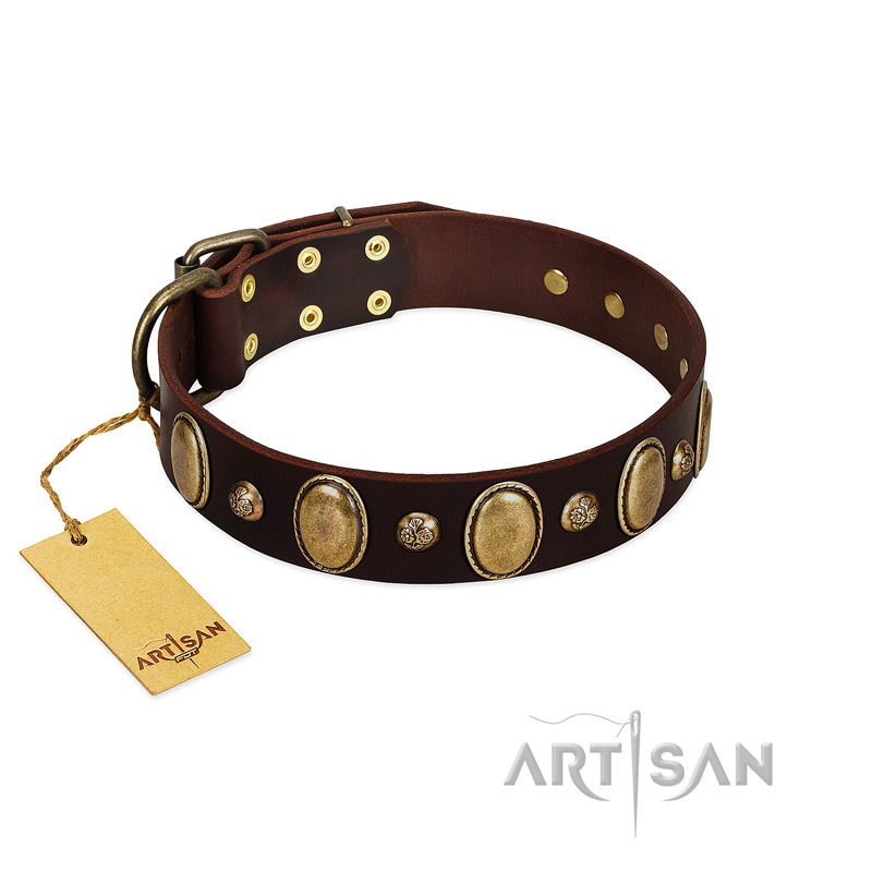 "Natural Grace" FDT Artisan Handmade Decorated Brown Leather Bulldog Collar