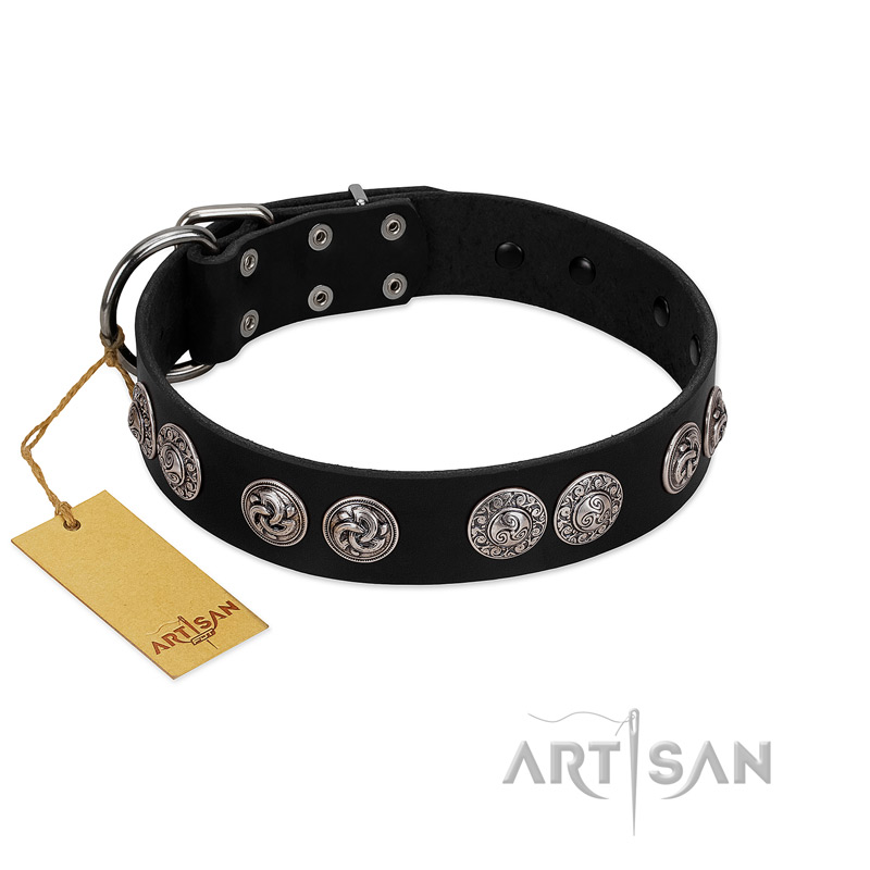 "Magic Amulete" Handcrafted FDT Artisan Black Leather Bulldog Collar with Chrome-Plated Shields