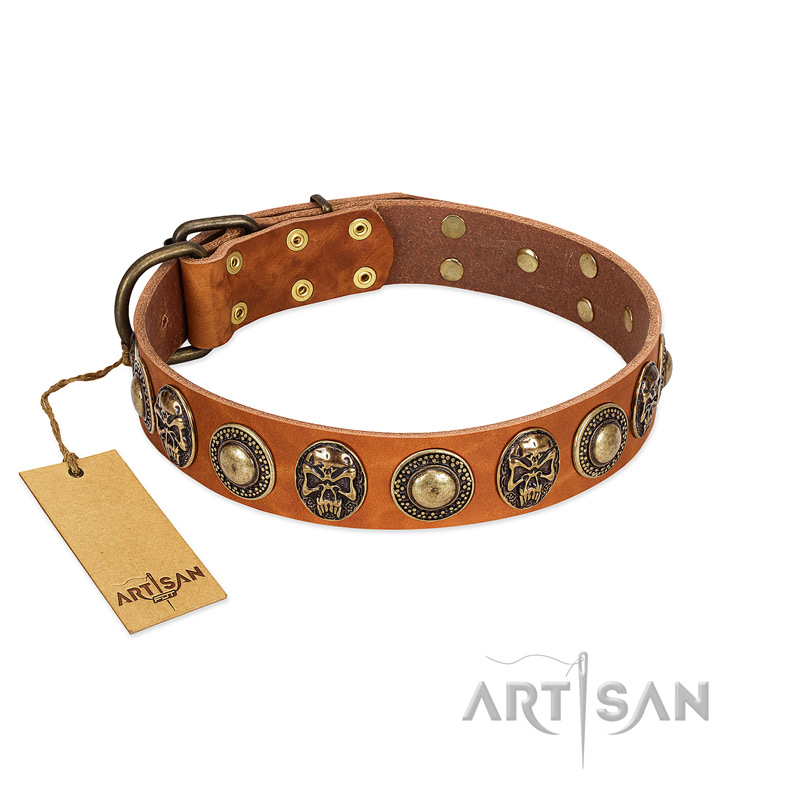 "Golden Epoch" FDT Artisan Tan Leather Bulldog Collar with Old Bronze-plated Medallions and Conchos - Click Image to Close