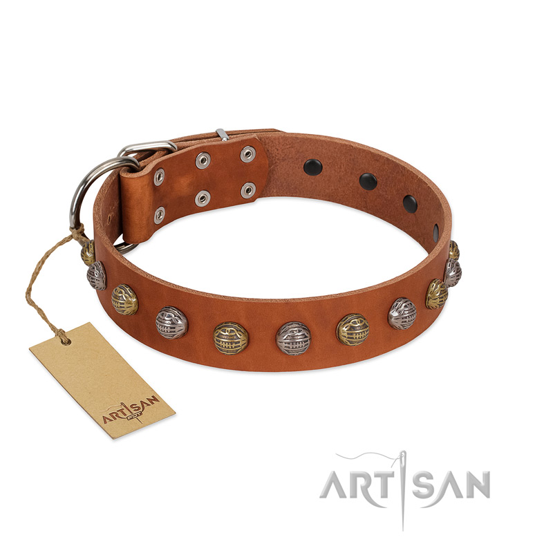 "Dogue-Vogue" FDT Artisan Tan Leather Bulldog Collar with Engraved Chrome-plated Studs