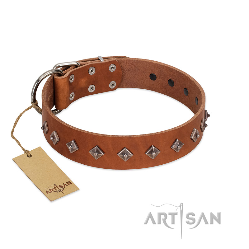 "Broadway" Handmade FDT Artisan Tan Leather Bulldog Collar with Dotted Pyramids