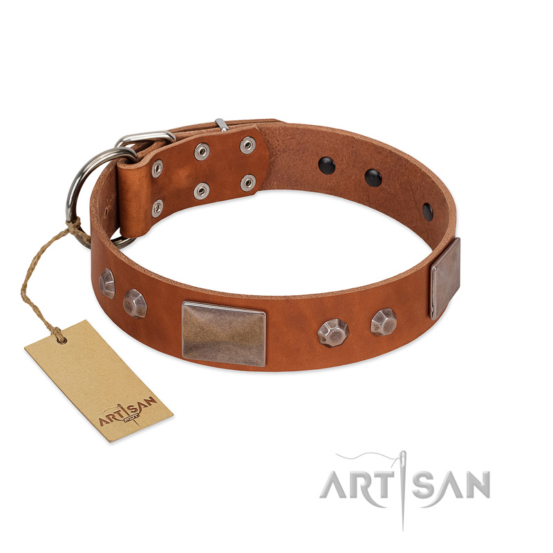 "Great Obelisk" Handcrafted FDT Artisan Tan Leather Bulldog Collar with Large Plates and Pyramids