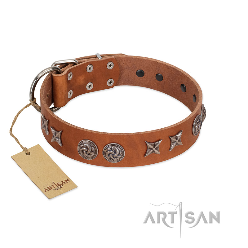 "Brave Spirit" Handmade FDT Artisan Designer Tan Leather Bulldog Collar with Shields - Click Image to Close