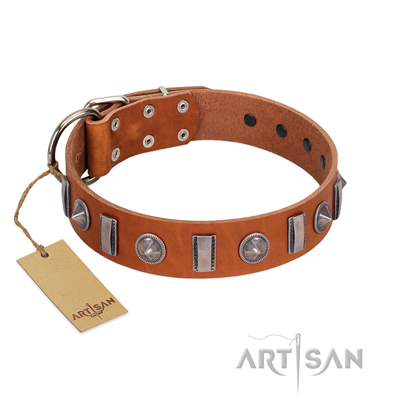 "Luxurious Necklace" FDT Artisan Tan Leather Bulldog Collar with Silver-Like Adornments