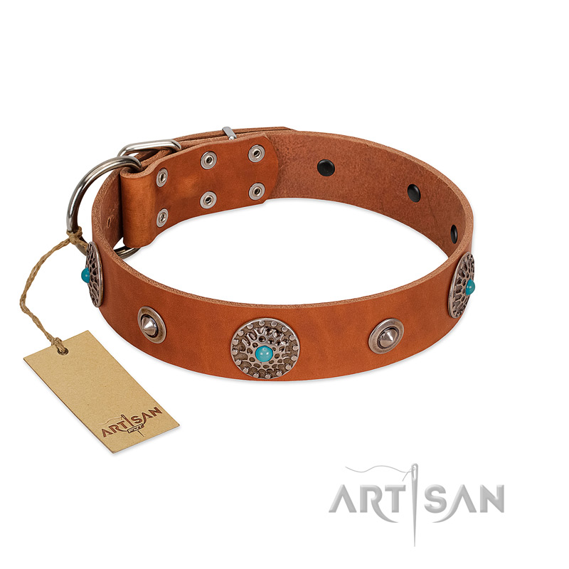 "Marine Antiques" Handmade FDT Artisan Tan Leather Bulldog Collar with Blue Stones