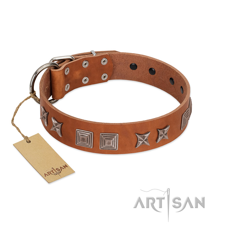 "Antique Figures" FDT Artisan Tan Leather Bulldog Collar with Silver-like Engraved Plates - Click Image to Close