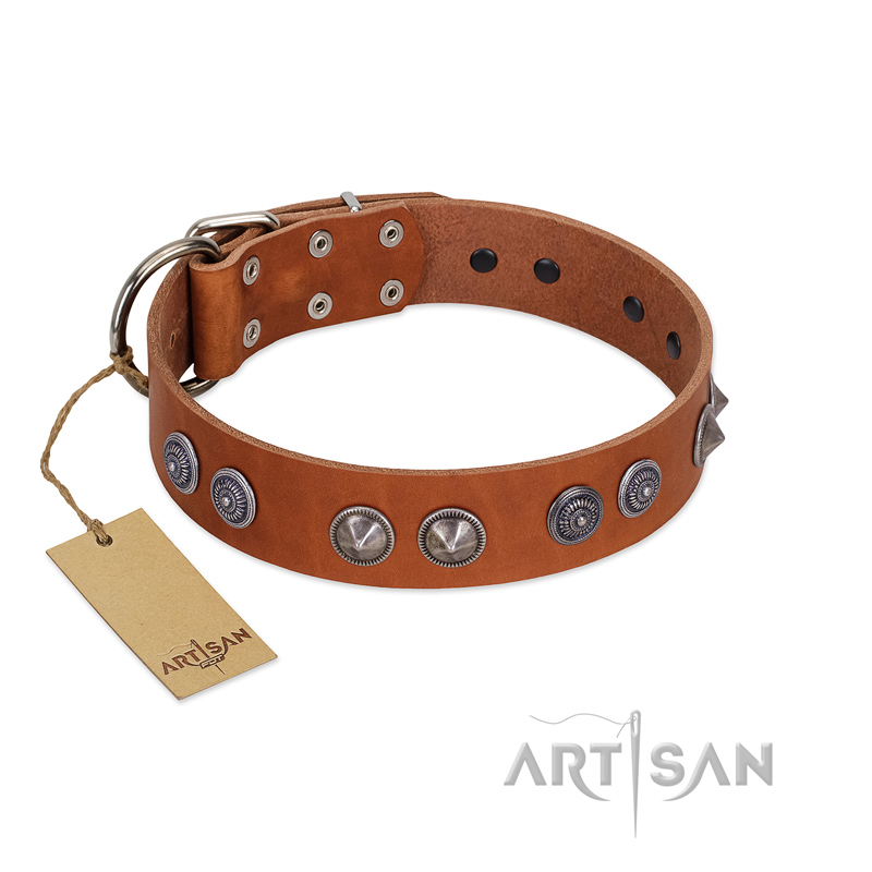 "Silver Necklace" Incredible FDT Artisan Tan Leather Bulldog Colar with Silver-Like Adornments