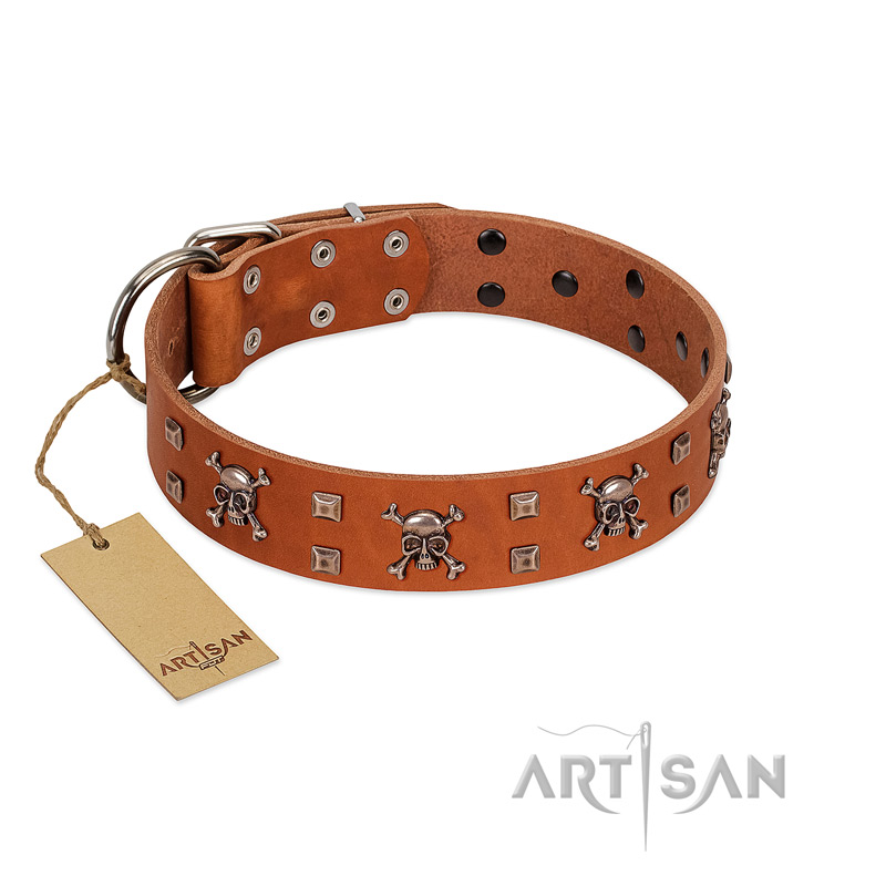 "Rebellious Nature" FDT Artisan Tan Leather Bulldog Collar Embellished with Crossbones and Square Studs
