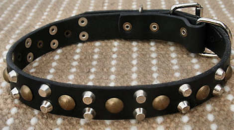 Designer 3 Rows Leather Dog Collar with Pyramids and Studs