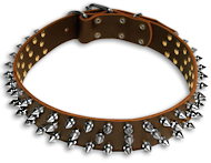 Outstanding Super Strong Leather Spiked Collar with 3 Rows of Spikes for Bulldogs